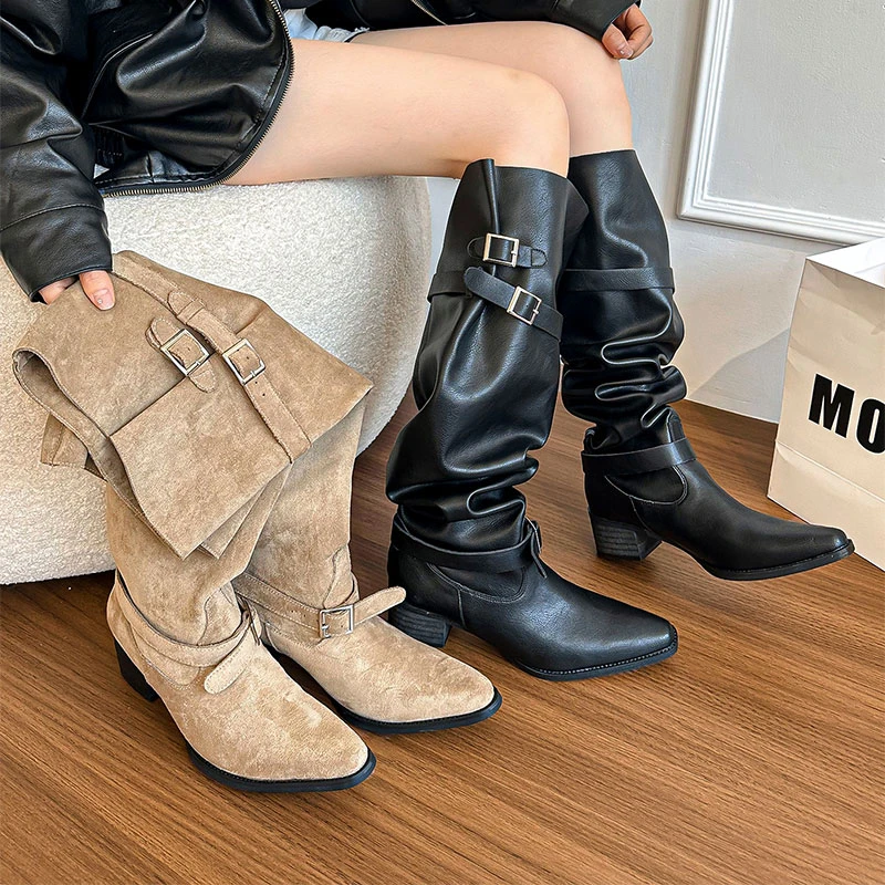 大筒围堆堆靴女长靴2025秋季新款尖头粗跟两穿皮带扣骑士靴高筒靴