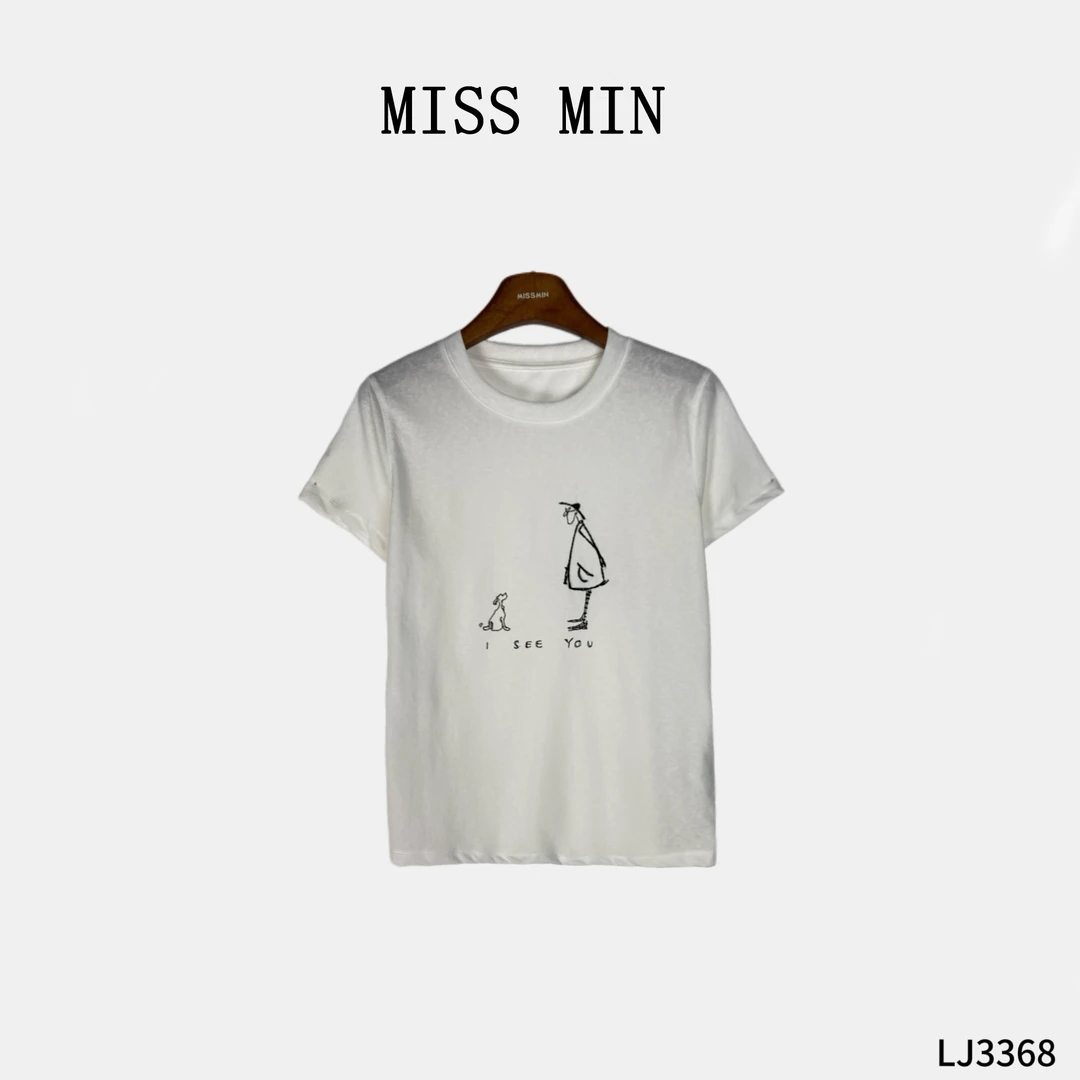 MISS MIN【映伴】工艺明线趣味卡通人洋气衣服女百搭短袖T恤 LJ3368