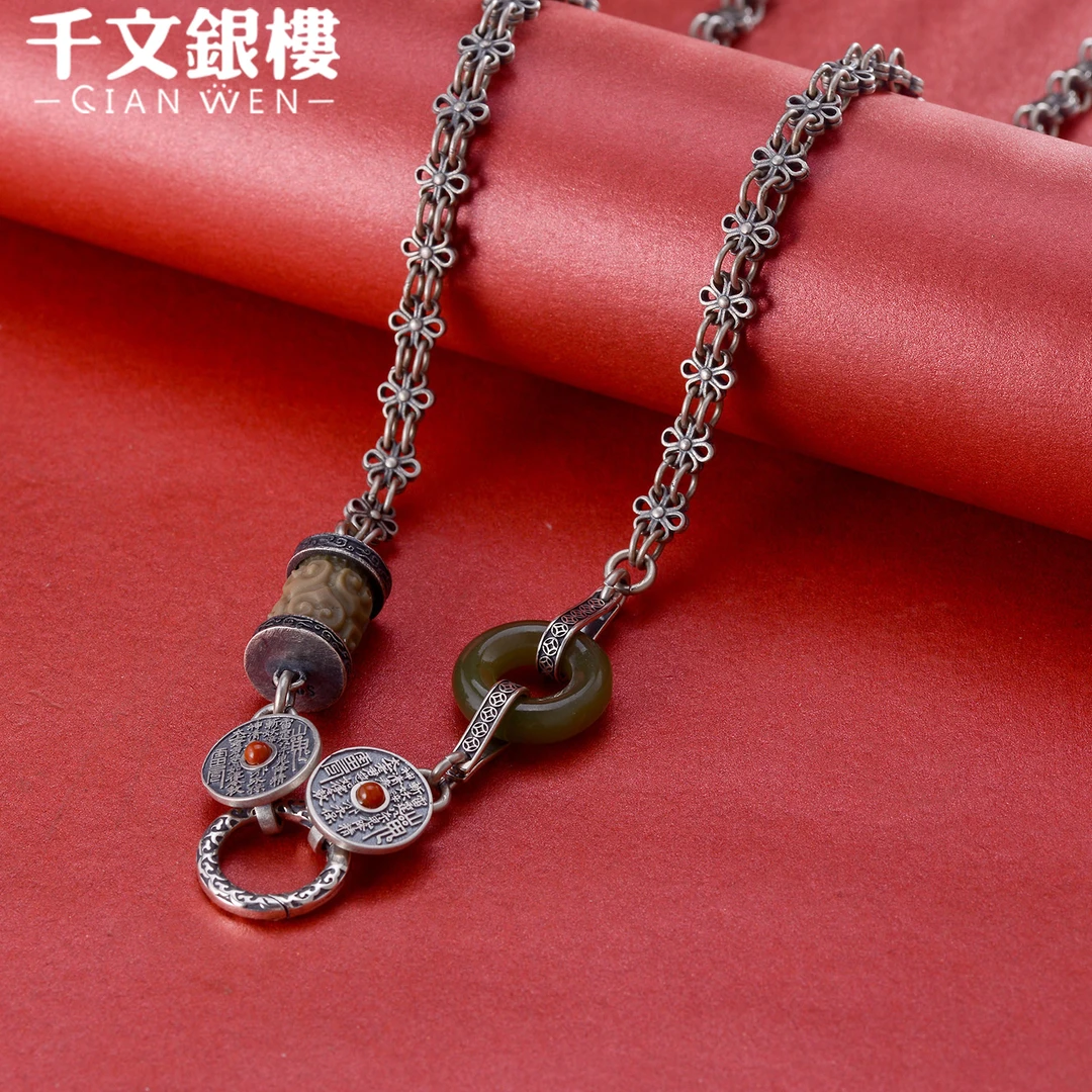 链子925银 万能链做旧百搭气质民族风老银花钱链个性复古坠链