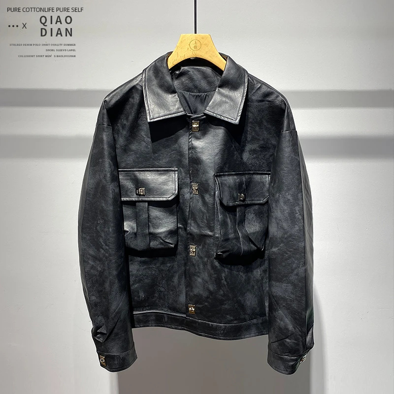 韩版时尚拼接风设计复古商务工装外套春季休闲宽松个性翻领皮衣男