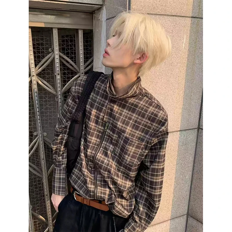 美式拉链格子衬衫男款春秋季复古设计感长袖衬衣cleanfit廓形外套