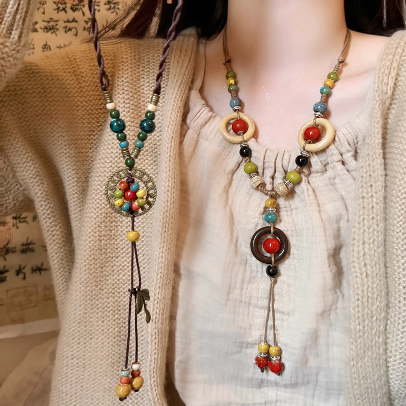 非金属陶瓷项链 波西米亚串珠陶瓷项链新中式复古民族风毛衣链C85