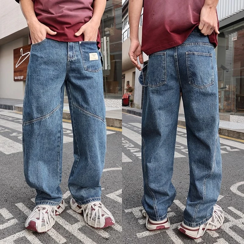 2025新款美式复古直筒长裤子设计感痞帅牛仔裤男士宽松拼接弯刀裤