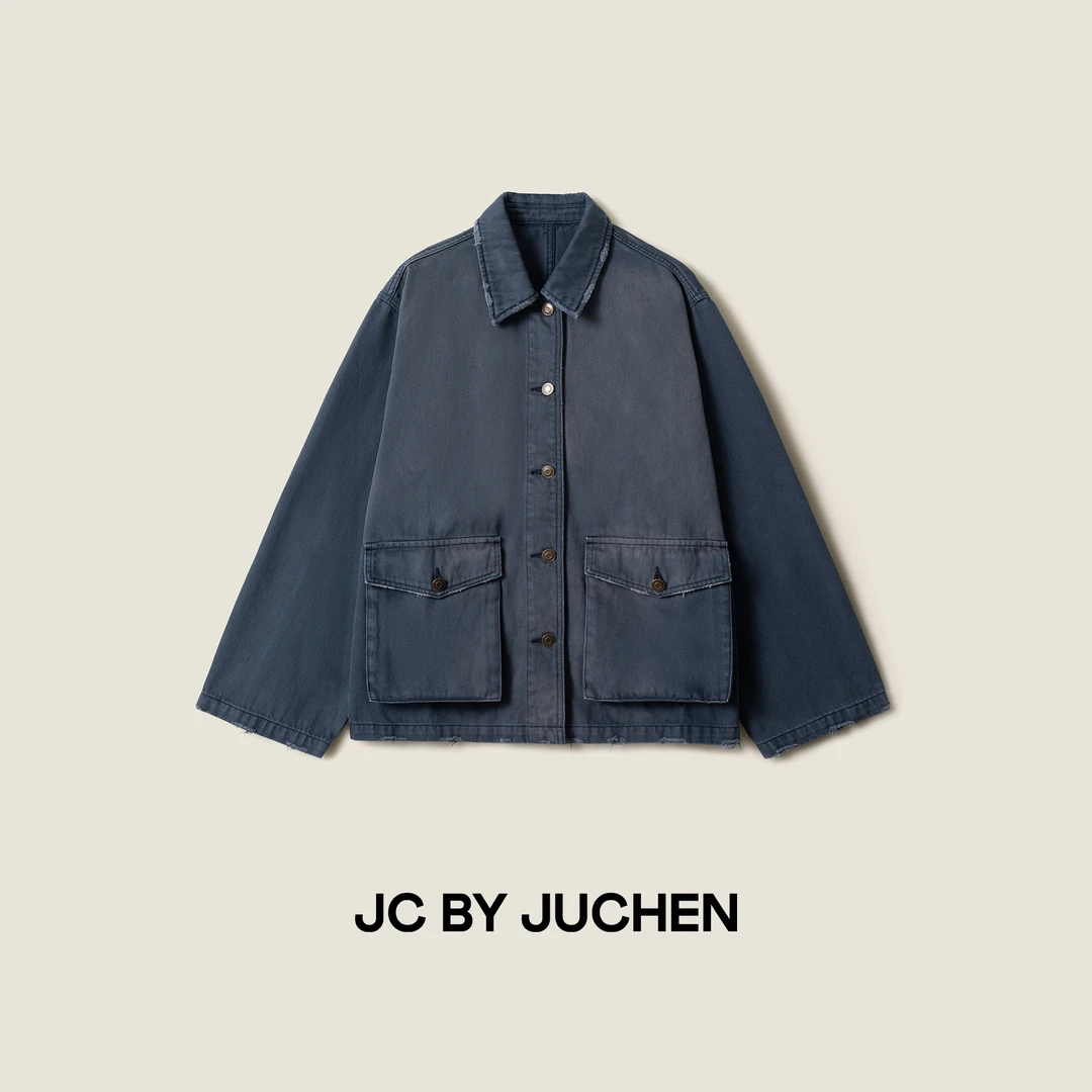 巴恩风战损灰蓝复古做旧重工密歇根工装夹克外套 FW102001-195