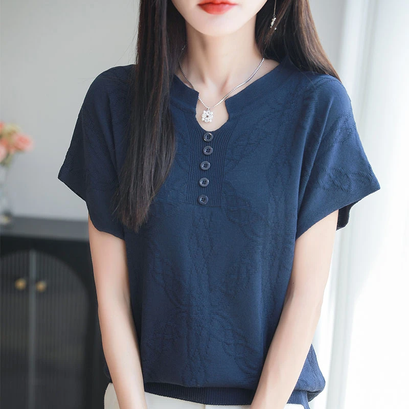 品牌夏季新款时尚V领提花针织衫T恤女宽松休闲百搭上衣