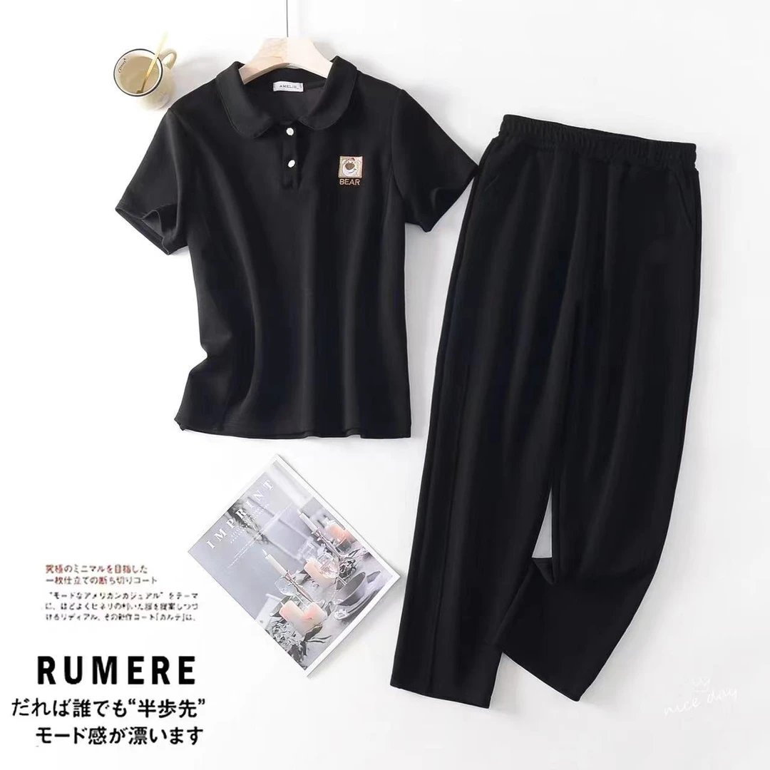 夏季新款短袖套装 休闲百搭翻领短袖拼接显瘦裤7178