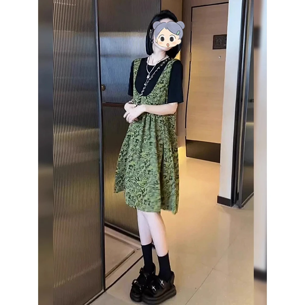 夏日高端欧货洋气大码遮肚显瘦可甜可盐宽松碎花假两件连衣裙子女