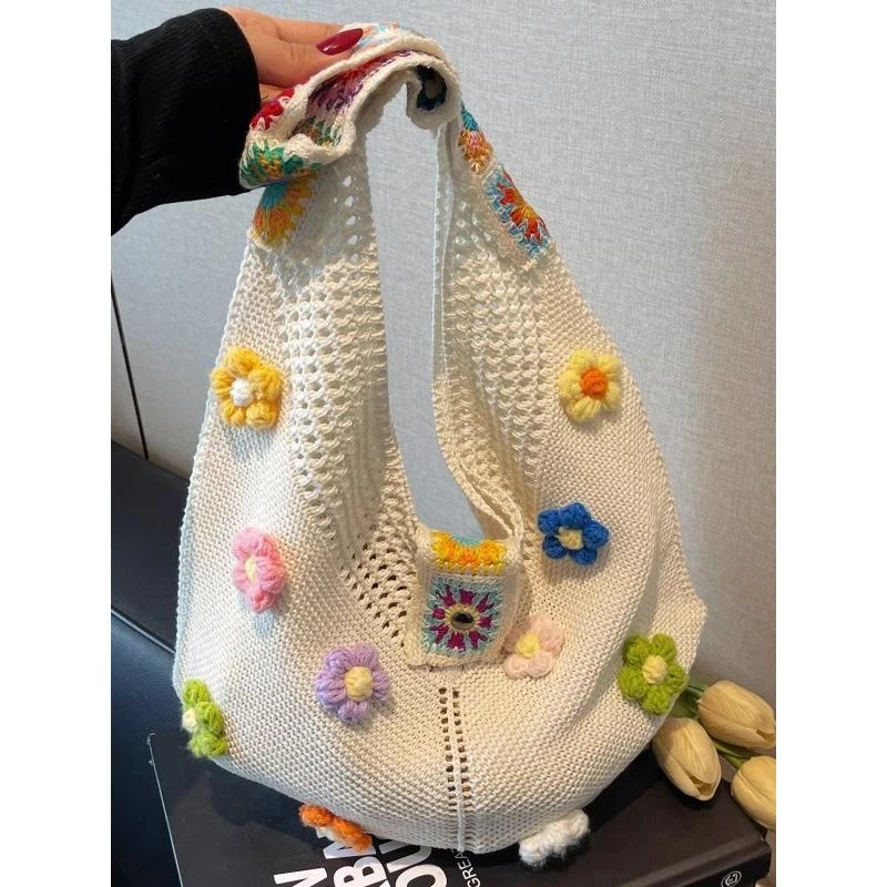 花朵棉线编织包包女夏2025新款大容量单肩包慵懒风度假镂空托特包