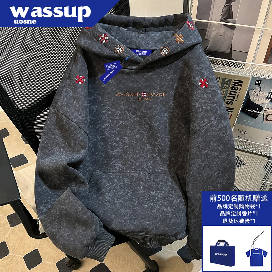 WASSUP UOSNE黑色刺绣连帽卫衣男秋冬宽松慵懒风休闲套头廓形上衣