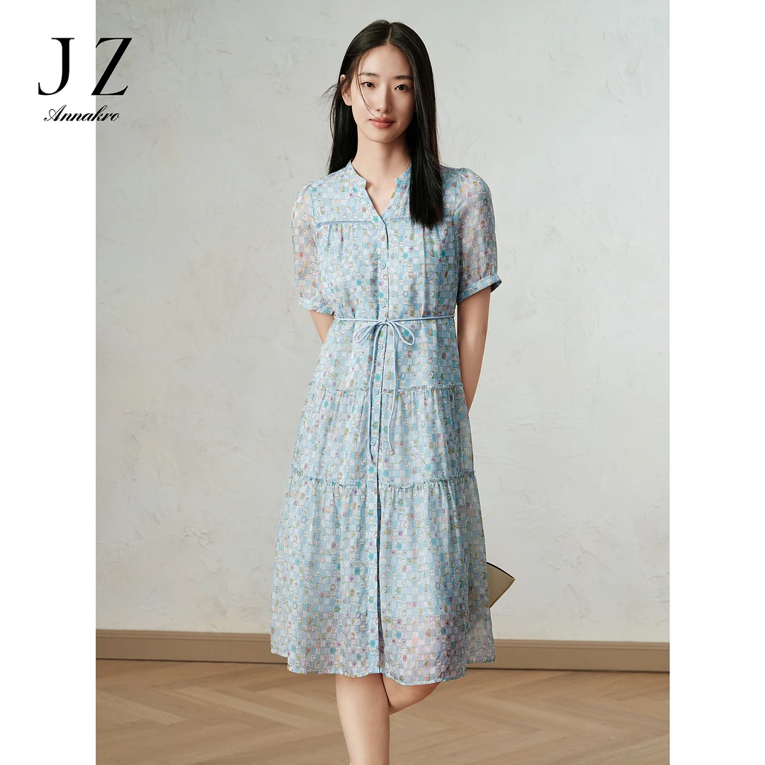 【婷婷专属】玖姿安娜蔻JTEX50167清海盐蓝系带收腰蛋糕连衣裙202