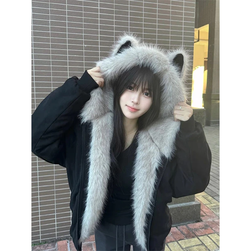 FDR猫耳朵毛绒领座山雕棉服外套男款春季潮流保暖连帽情侣装夹克