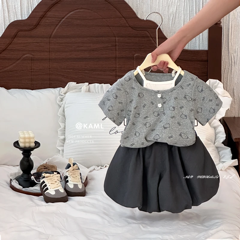 HM女童套装2025夏季新款KT猫韩版女宝宝夏装花苞裤儿童时髦两件套