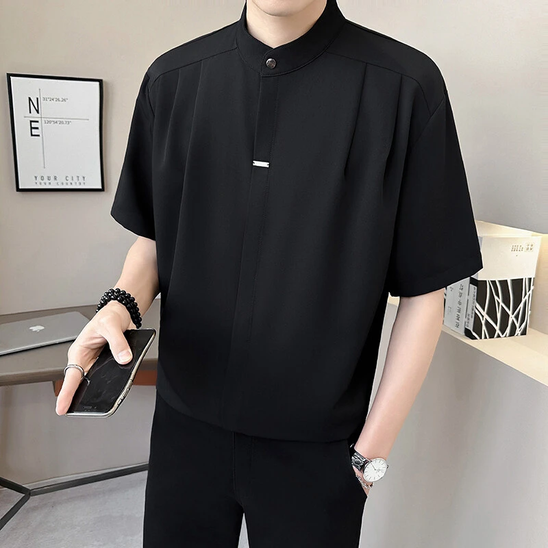 夏季新款暗扣冰丝中袖衬衫休闲百搭薄款痞帅潮流