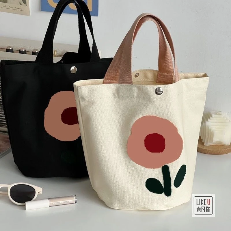 X4207金铂喜花朵水桶型托特帆布包简约百搭小容量手提便当餐盒