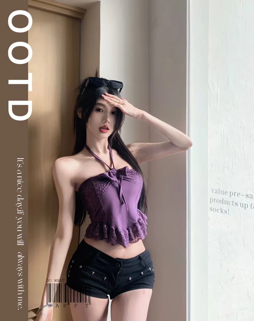 2025新款通勤法式辣妹风性感风背心吊带文胸一体短款服装挂脖性感