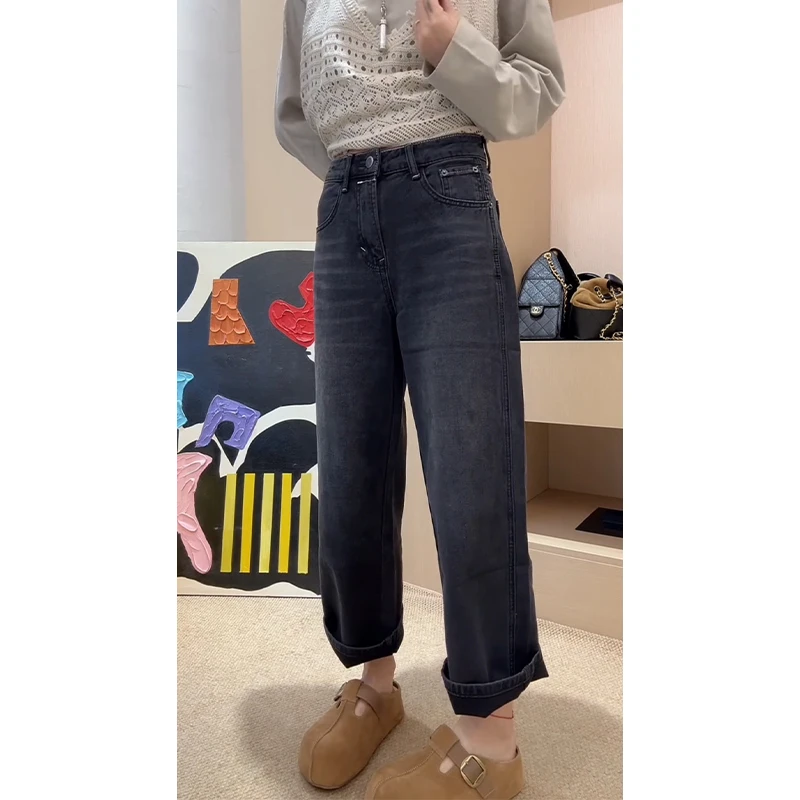 2025秋季新款百搭小个子直筒牛仔裤女大码女装高腰显瘦简约法棍裤