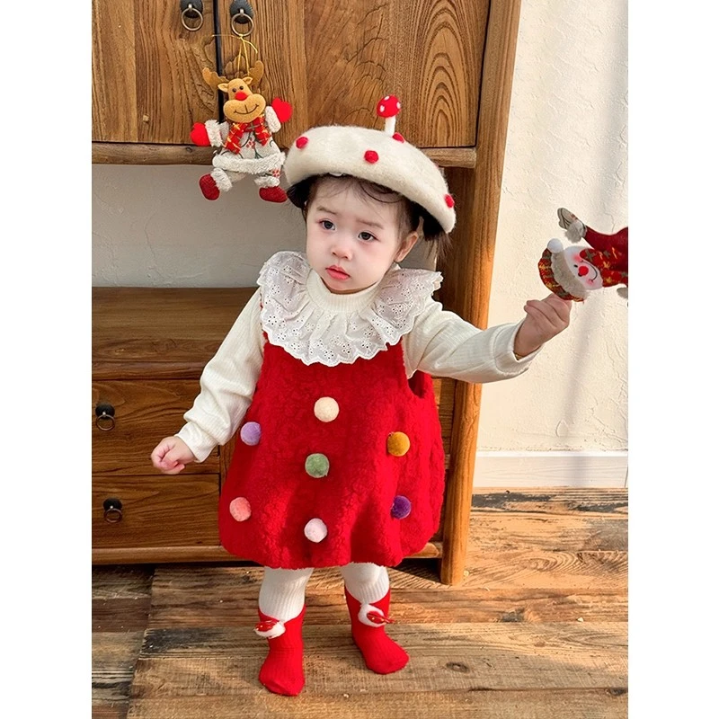女童冬季圣诞节连衣裙套装婴幼儿衣服洋气加绒婴儿周岁礼服公主裙