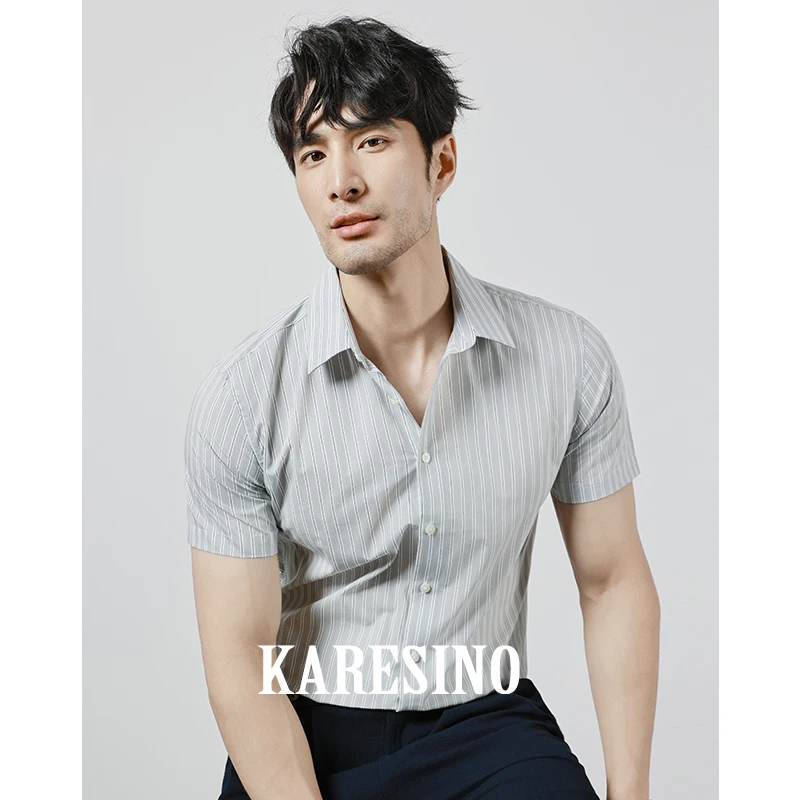 KARESINO夏季新款男士商务修身衬衣免烫休闲时尚条纹纯棉短袖衬衫