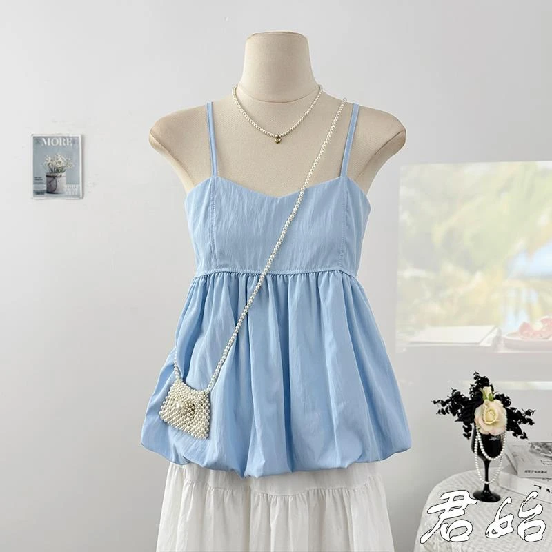 甜美减龄褶皱花苞吊带背心女春季2025年高级感气质抹胸上衣娃娃衫