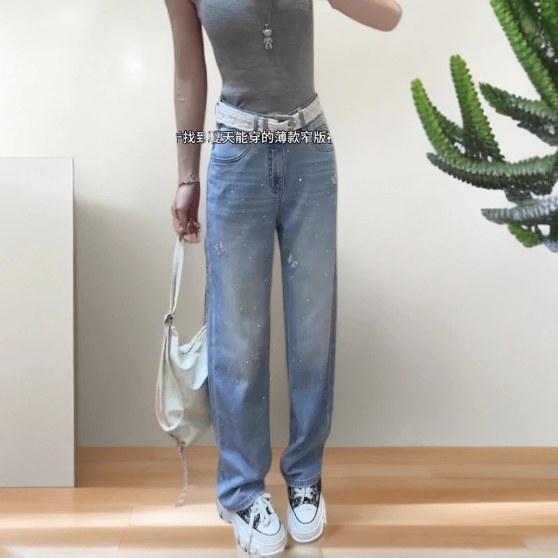 2025薄款高腰显瘦窄版直筒牛仔裤蓝色大码新款重工镶钻阔腿裤子女