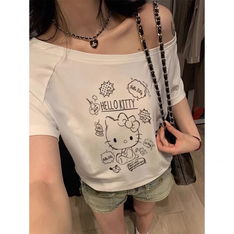 【线条Kitty斜肩】宽松ins风纯欲短袖女印花露肩设计感百搭休闲上衣