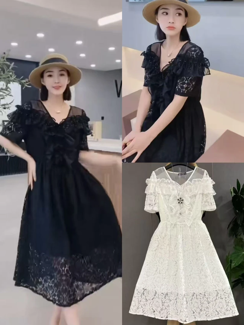 LL琳洋气时尚连衣裙胖MM显瘦钉珠裙子2025夏季新款V领长裙潮8123