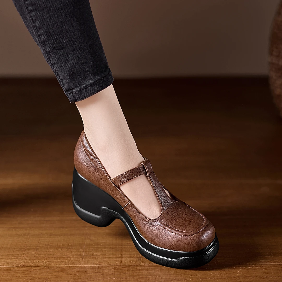 小个子手工女鞋8cm~法式玛丽珍厚底坡跟高跟鞋丁字扣带圆头单鞋女