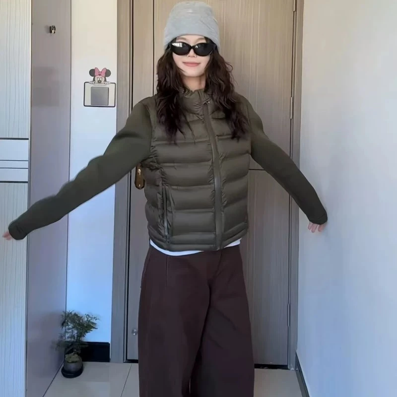 轻薄款排骨羽绒棉服拼接卫衣女立领秋冬时尚高级简约韩系外套潮