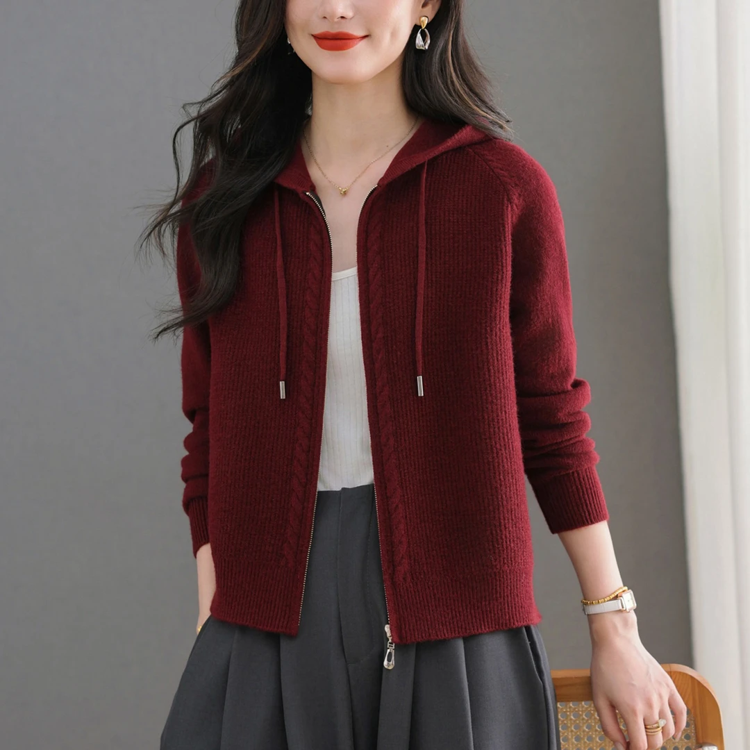 100%纯羊毛羊毛衫秋冬季女装拉链开衫短款毛衣宽松针织连帽打底衫