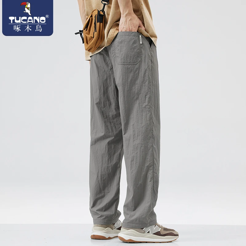 啄木鸟高级垂感冰丝休闲裤男款宽松直筒裤子夏季新款男士阔腿长裤