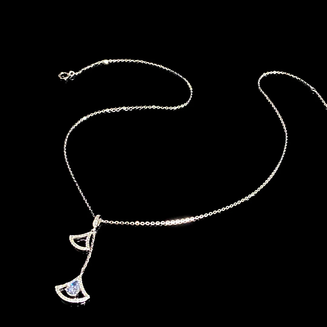 坠链均925银锆石 冰花切 镀K金 海盐蓝水滴杏叶 仙气项链X7410