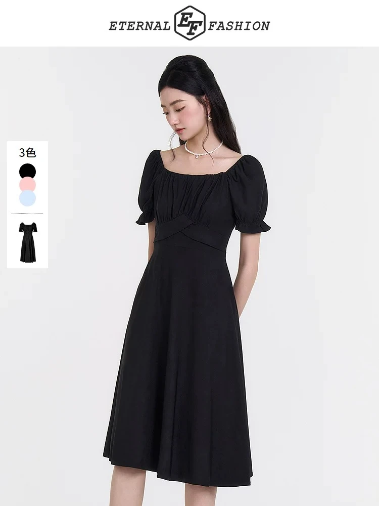 方领收腰显瘦连衣裙夏小黑裙女5185# 裙长98