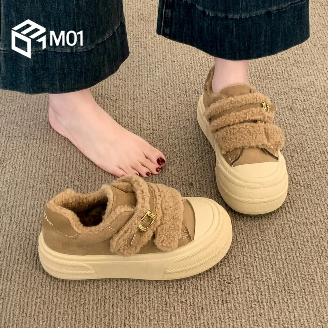 M01厚底休闲板鞋女款2025秋冬季新款时尚加绒加厚保暖防滑板鞋子