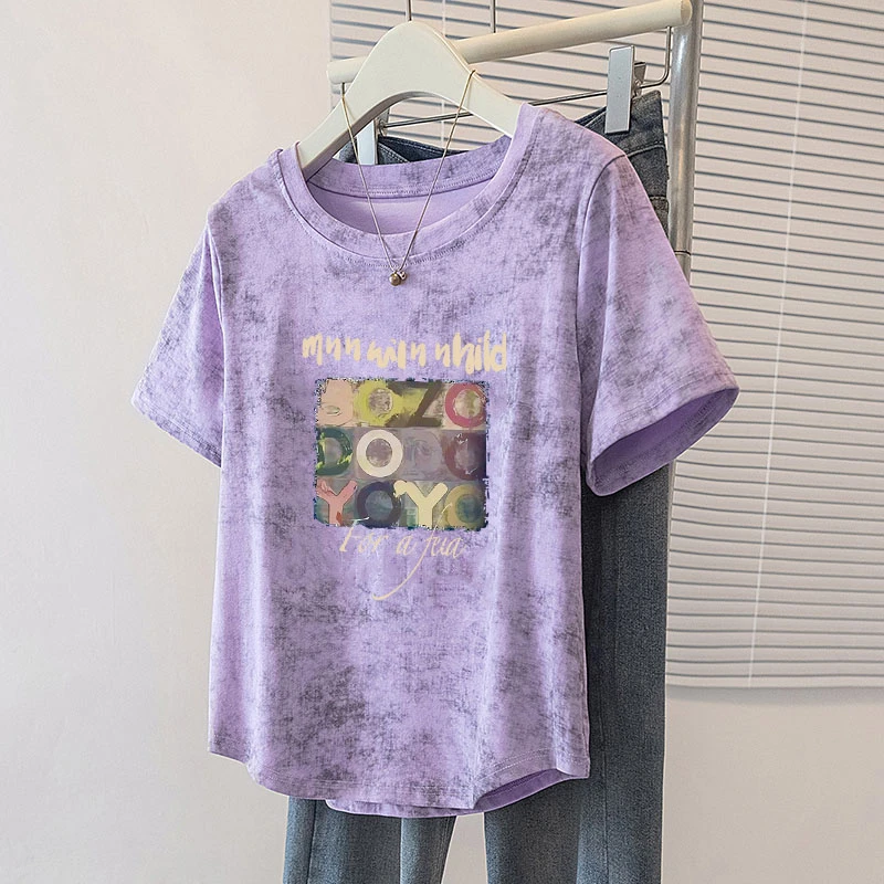 韩版印花扎染T恤女2025夏季薄款不规则大码纯棉圆领弧形短袖上衣