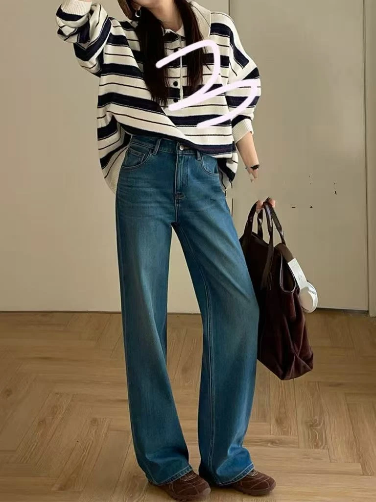 SU【900】代 A9  愫心 加绒直筒女冬款蓝色黑色弹力窄版拖地阔腿裤