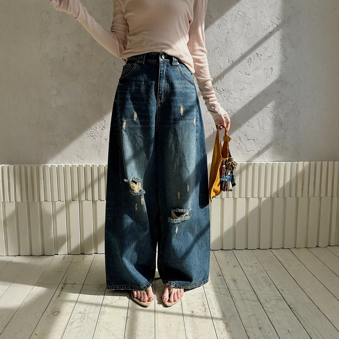 REREK设计师廓形感宽松破洞水深蓝牛仔长裤DSC买手店R25C07228178