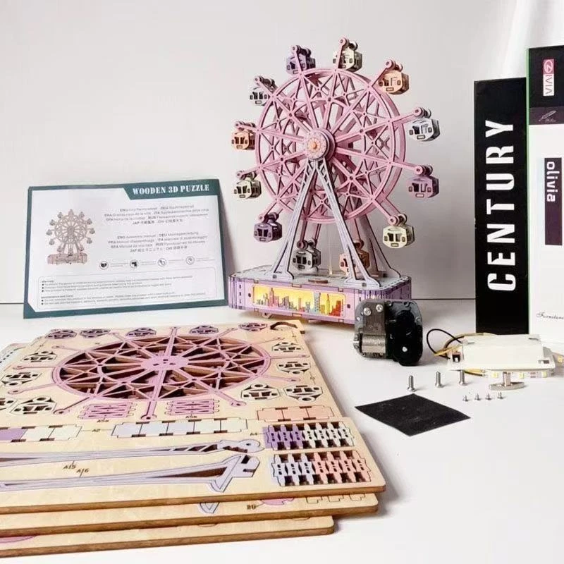 彩色木质立体拼图摩天轮手工模型机械拼装八音盒玩具