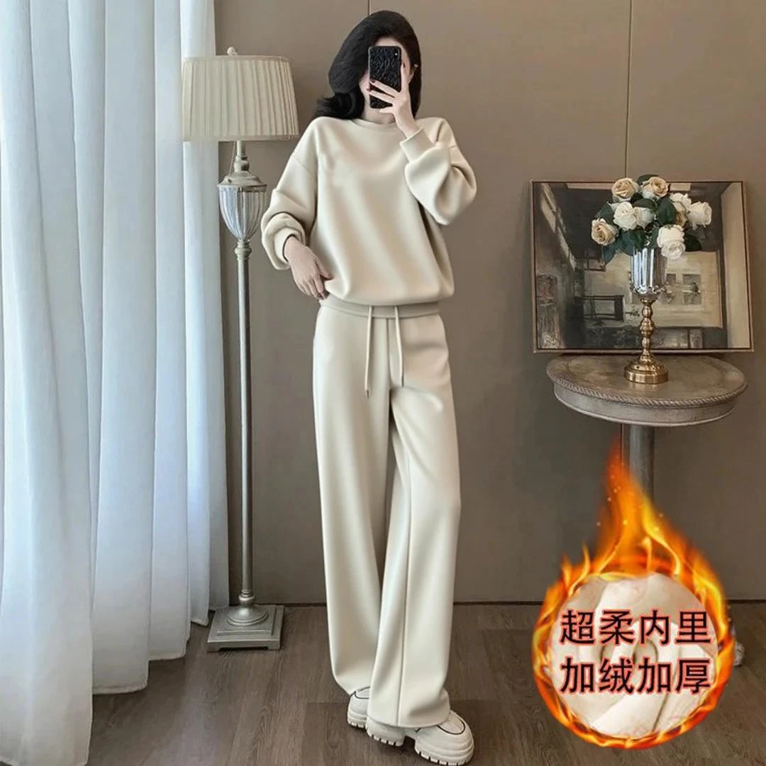 加绒加厚纯棉休闲运动套装女2025秋冬宽松减龄洋气卫衣百搭套装女
