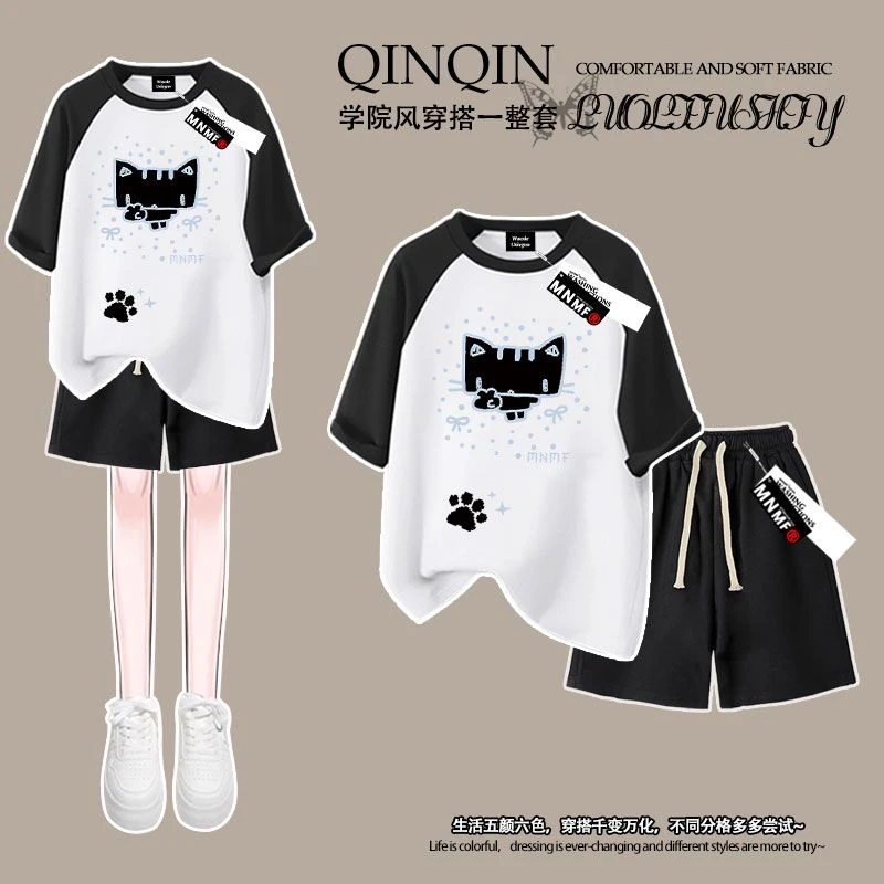 日系可爱甜酷猫咪女童拼接短袖t恤短裤套装夏季新款学生时尚上衣