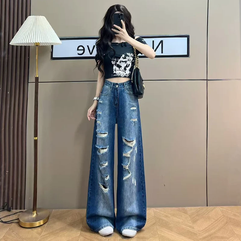 喜绚破洞阔腿牛仔裤女2025年新款夏季薄款宽松爆款独特撞色直筒裤