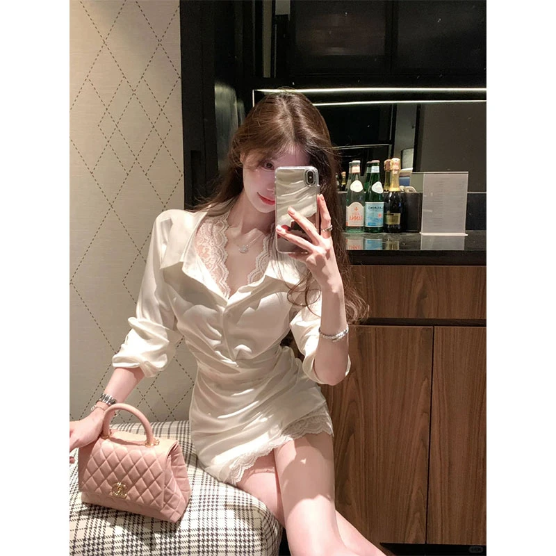 【柔雾】2025新款春装气质性感蕾丝衬衫短裙缎面连衣裙女