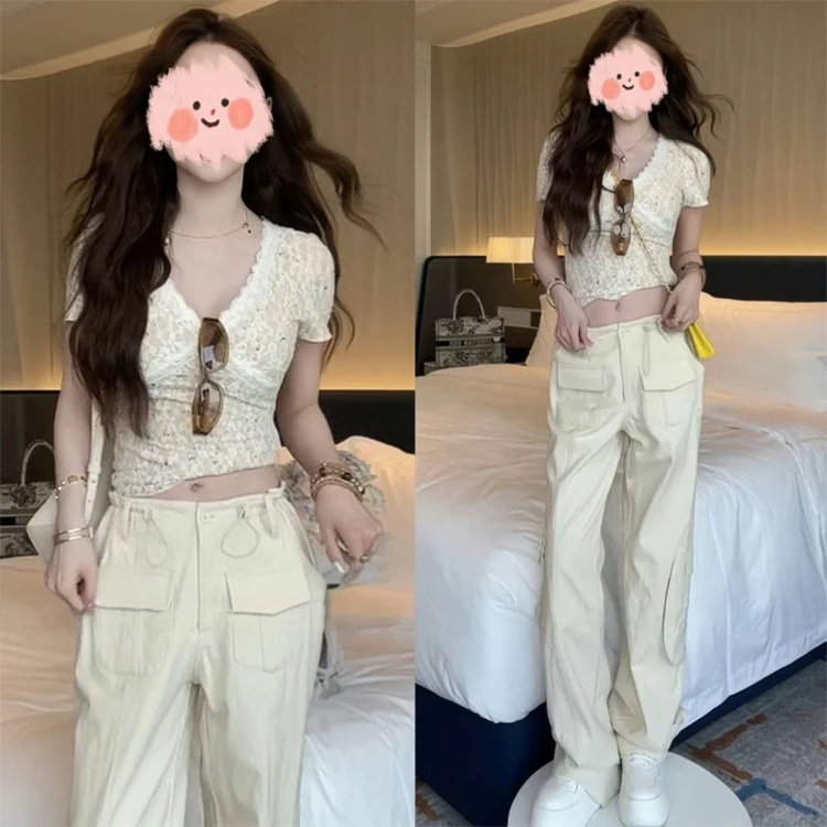 夏季纯欲辣妹气质套装设计感短袖上衣百搭休闲裤网红洋气炸街女装