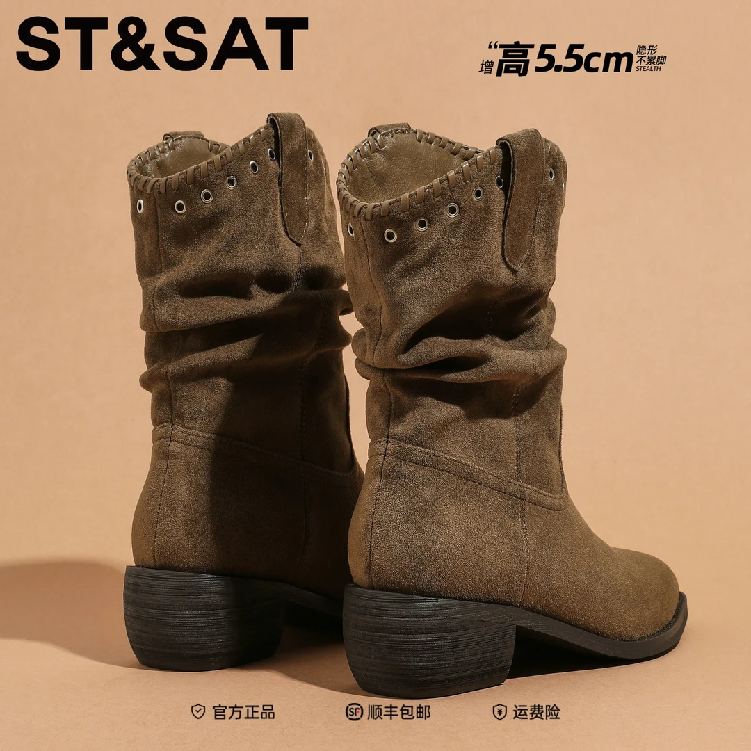 星期六流光爆款女靴棕色堆堆靴2025新款秋冬季复古短靴中筒骑士靴