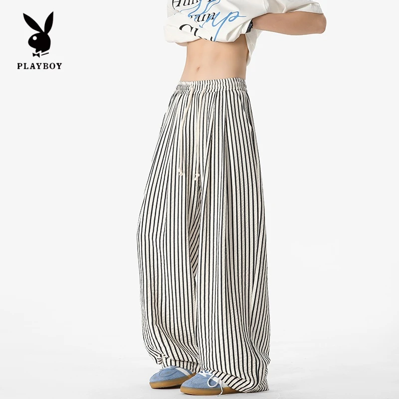 花花公子条纹休闲裤男夏季薄款美式复古宽松阔腿裤慵懒松弛感长裤