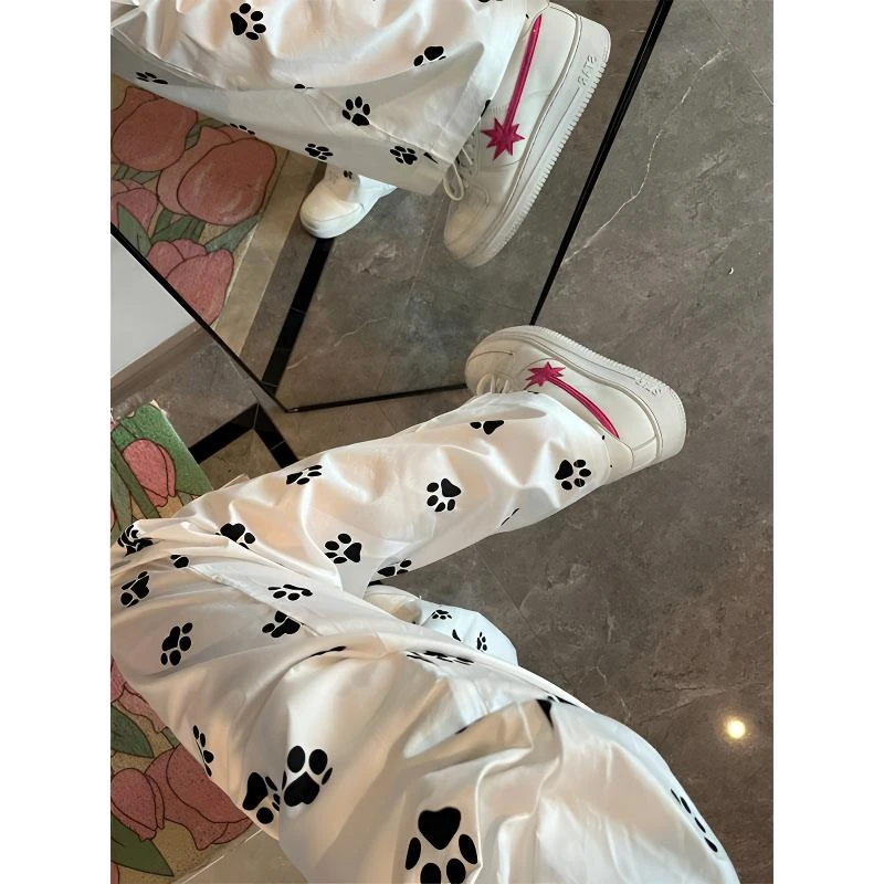 可爱狗脚印白色裤子女夏季薄款2025新款小个子宽松直筒休闲阔腿裤