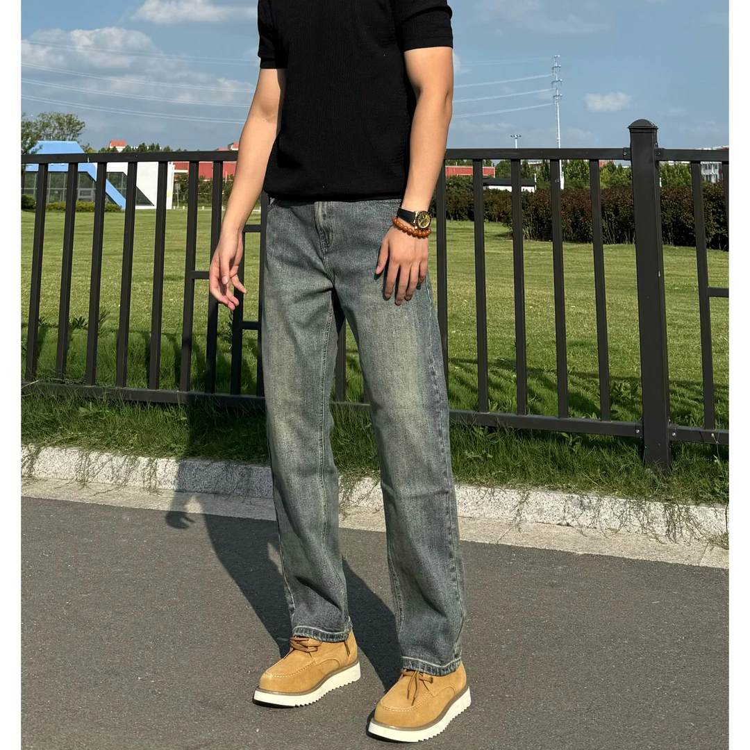 LINYU美式秋冬做旧复古蓝微弹水洗牛仔裤男士合身直筒长裤百搭