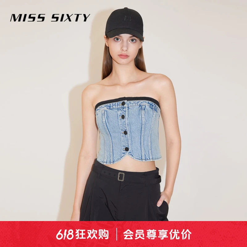 Miss Sixty春季牛仔抹胸吊带拼接复古性感雅丹风