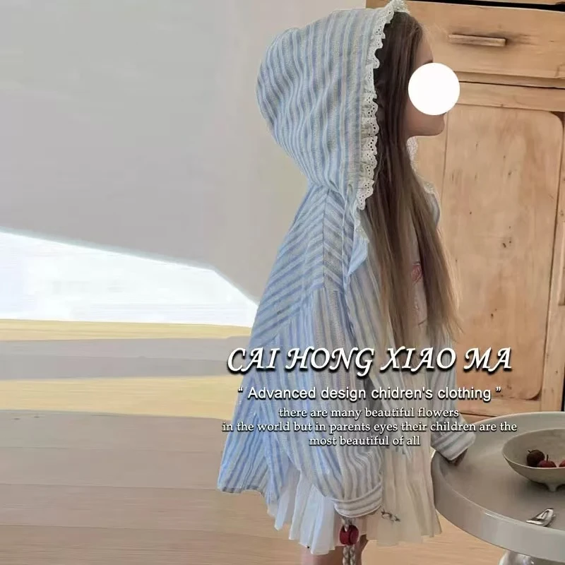 2025新款韩版女童外套夏款儿童防晒衬衫宽松洋气条纹女宝连帽上衣