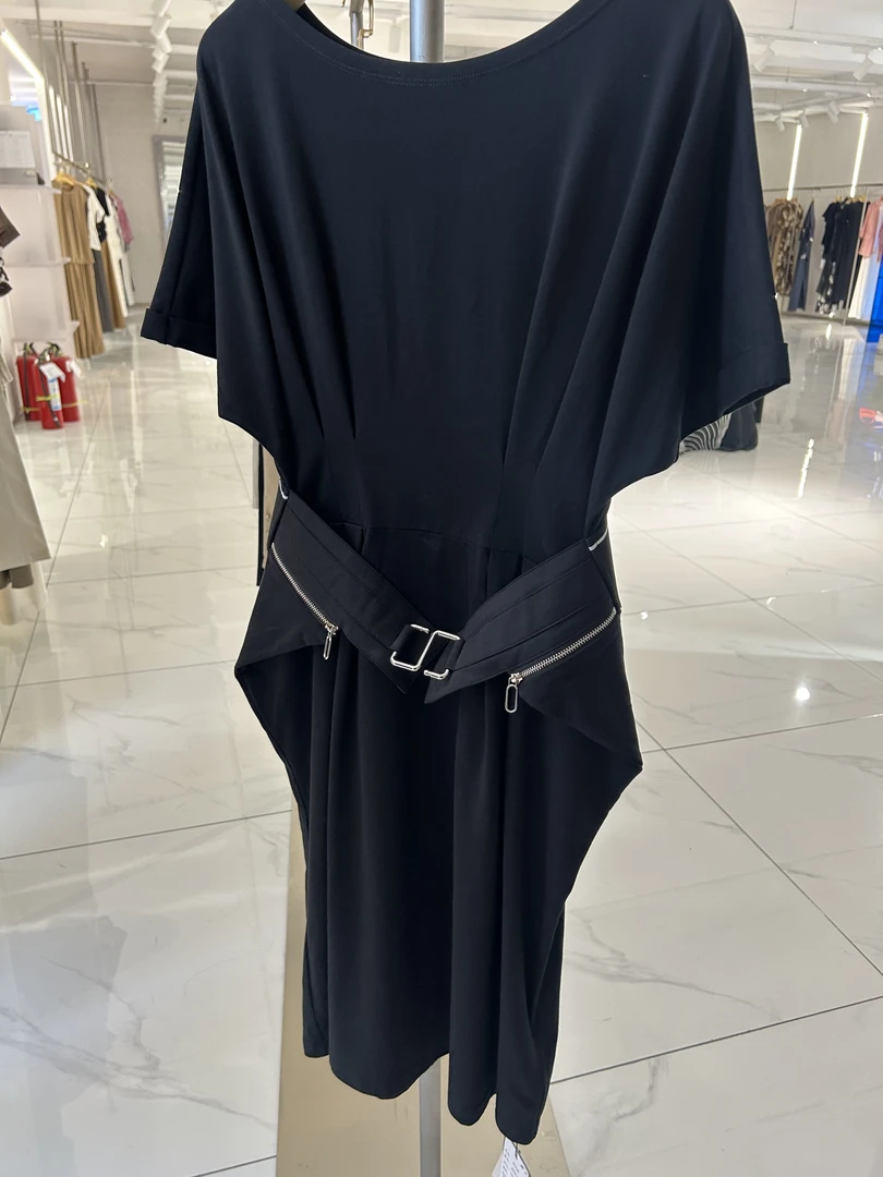 法式短袖中腰圆领连衣裙纯色黑色女装简约长款