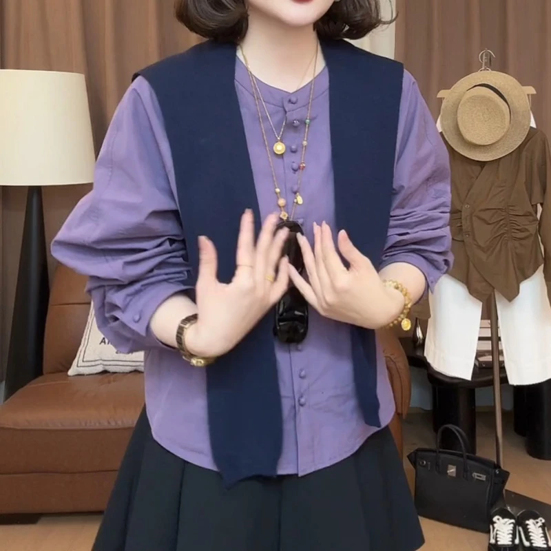 长袖衬衫女2025秋装新款小衫设计感上衣高级感紫色衬衣LK2505948